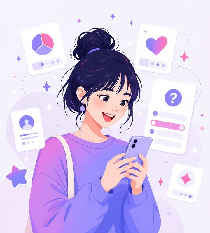 スマートフォンで転職エージェント診断に答えて笑顔になる20代の女性のイラスト